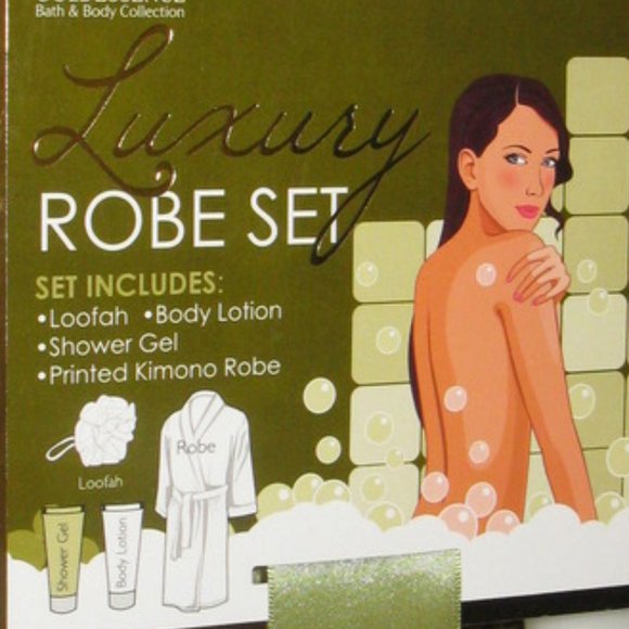 Robe Set Luxury Loofah Body Lotion Shower Gel Printed Kimono Robe Gold Essence - Picture 2 of 4